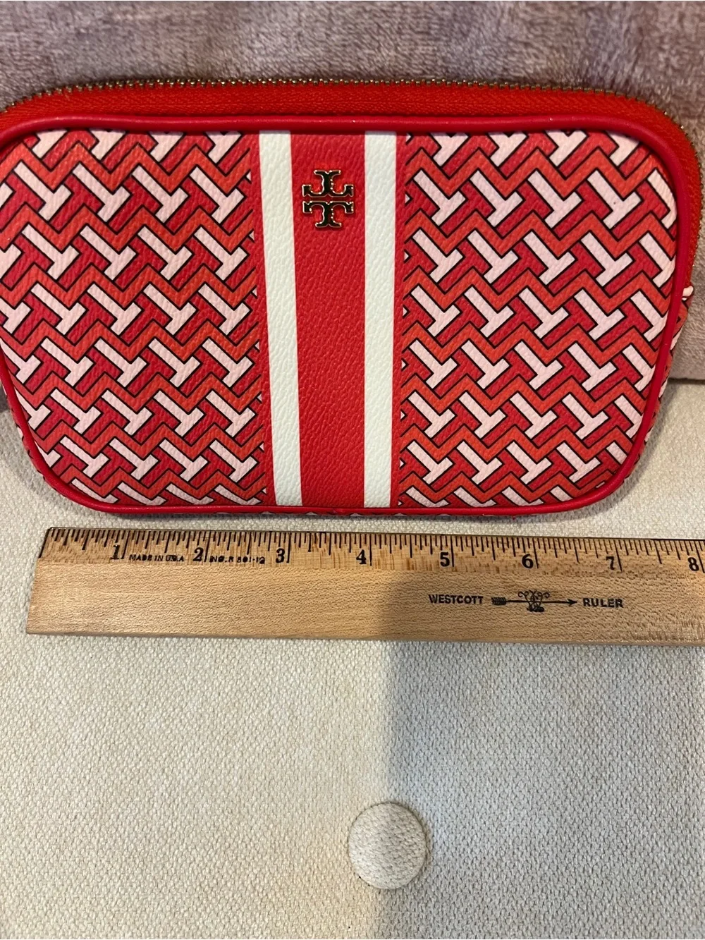 Tory Burch Redish orange and White Patterned wristlet